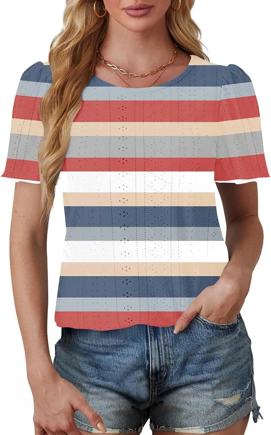 Womens Tops Eyelet Embroidery Striped Print Trendy Shirts Crewneck Loose Blouses Summer Casual Tunics Tees