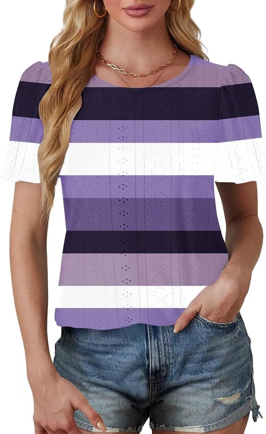 Womens Tops Eyelet Embroidery Striped Print Trendy Shirts Crewneck Loose Blouses Summer Casual Tunics Tees