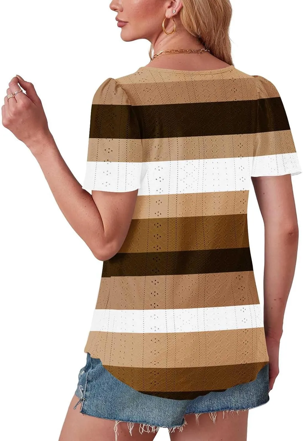 Womens Tops Eyelet Embroidery Striped Print Trendy Shirts Crewneck Loose Blouses Summer Casual Tunics Tees
