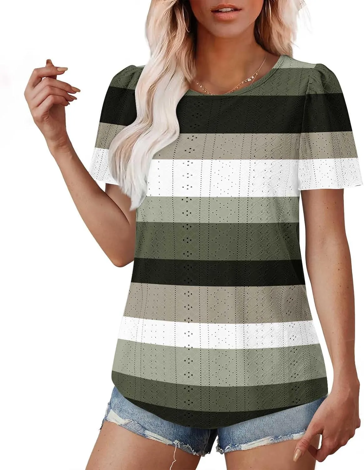 Womens Tops Eyelet Embroidery Striped Print Trendy Shirts Crewneck Loose Blouses Summer Casual Tunics Tees