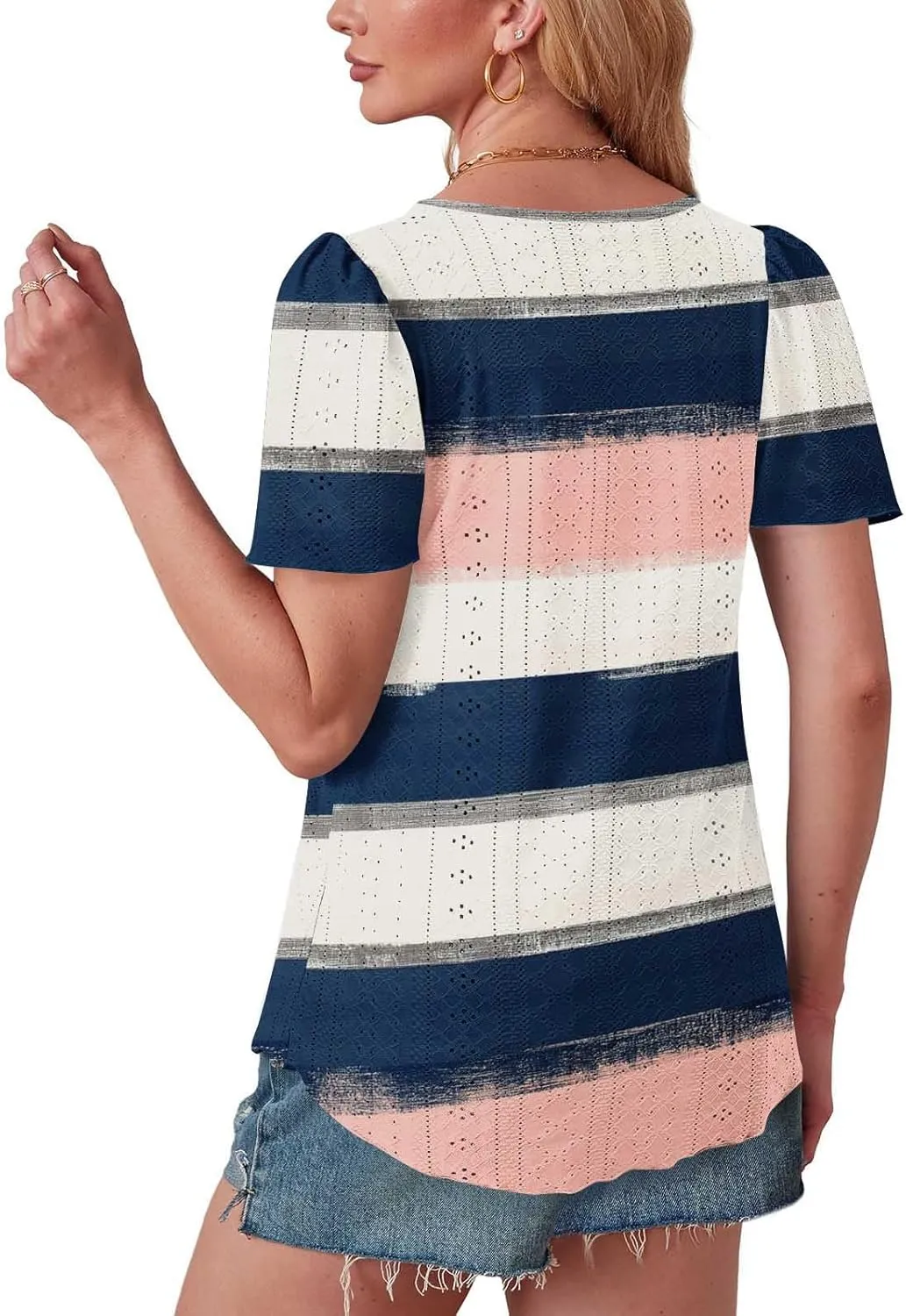 Womens Tops Eyelet Embroidery Striped Print Trendy Shirts Crewneck Loose Blouses Summer Casual Tunics Tees