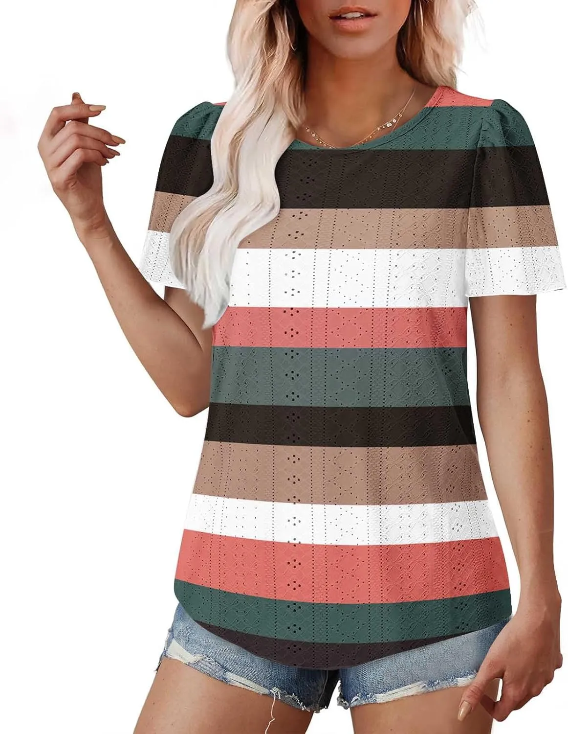 Womens Tops Eyelet Embroidery Striped Print Trendy Shirts Crewneck Loose Blouses Summer Casual Tunics Tees