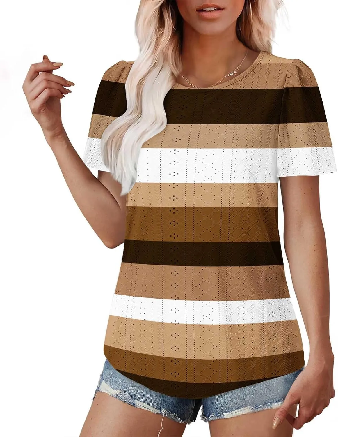 Womens Tops Eyelet Embroidery Striped Print Trendy Shirts Crewneck Loose Blouses Summer Casual Tunics Tees