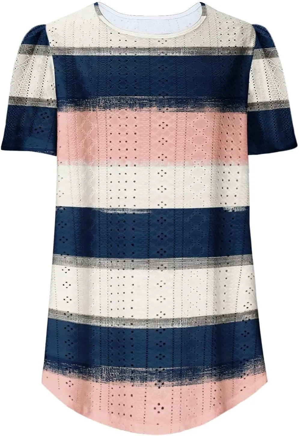Womens Tops Eyelet Embroidery Striped Print Trendy Shirts Crewneck Loose Blouses Summer Casual Tunics Tees