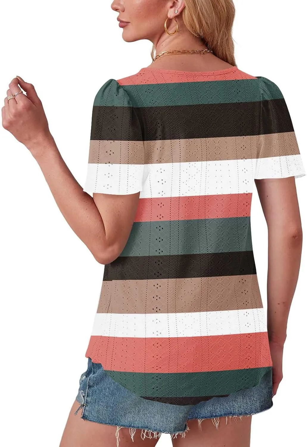 Womens Tops Eyelet Embroidery Striped Print Trendy Shirts Crewneck Loose Blouses Summer Casual Tunics Tees