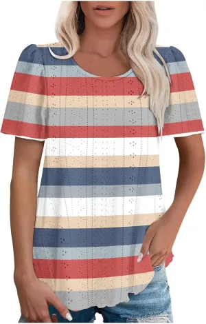 Womens Tops Eyelet Embroidery Striped Print Trendy Shirts Crewneck Loose Blouses Summer Casual Tunics Tees