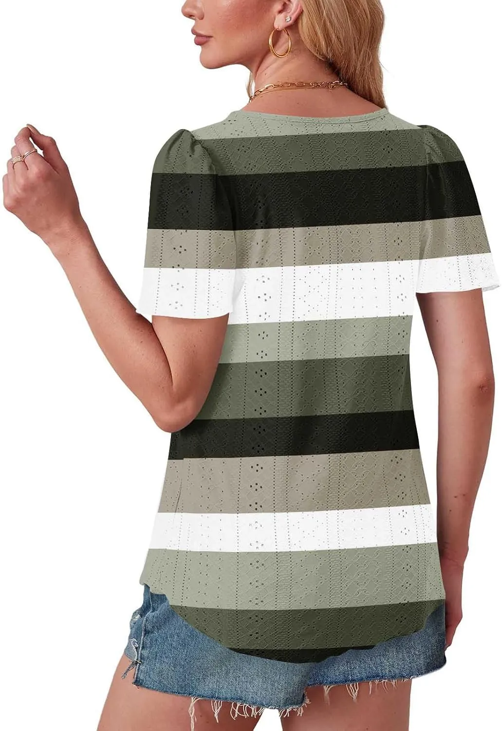 Womens Tops Eyelet Embroidery Striped Print Trendy Shirts Crewneck Loose Blouses Summer Casual Tunics Tees