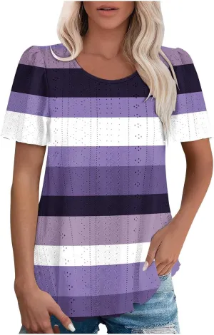 Womens Tops Eyelet Embroidery Striped Print Trendy Shirts Crewneck Loose Blouses Summer Casual Tunics Tees