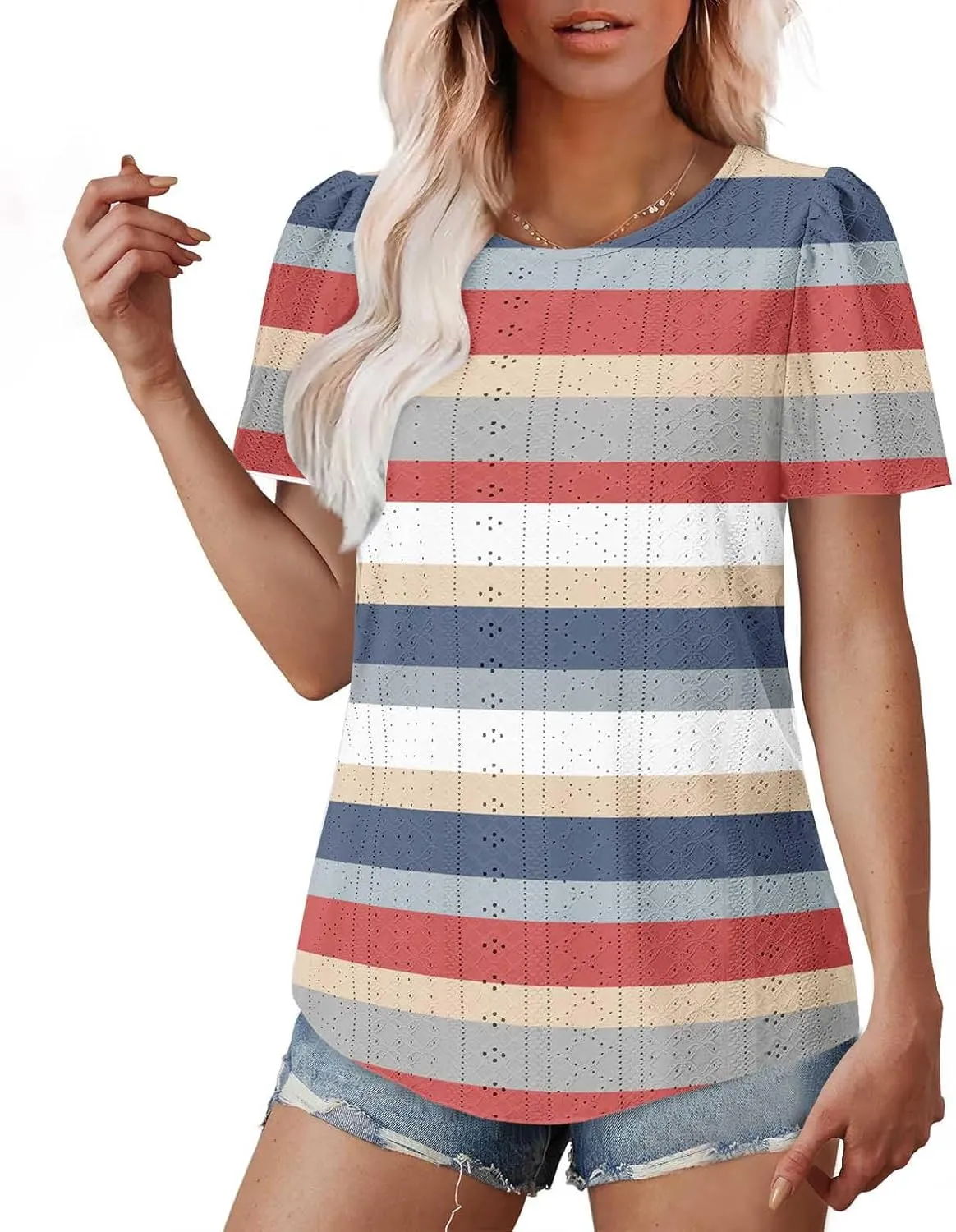 Womens Tops Eyelet Embroidery Striped Print Trendy Shirts Crewneck Loose Blouses Summer Casual Tunics Tees