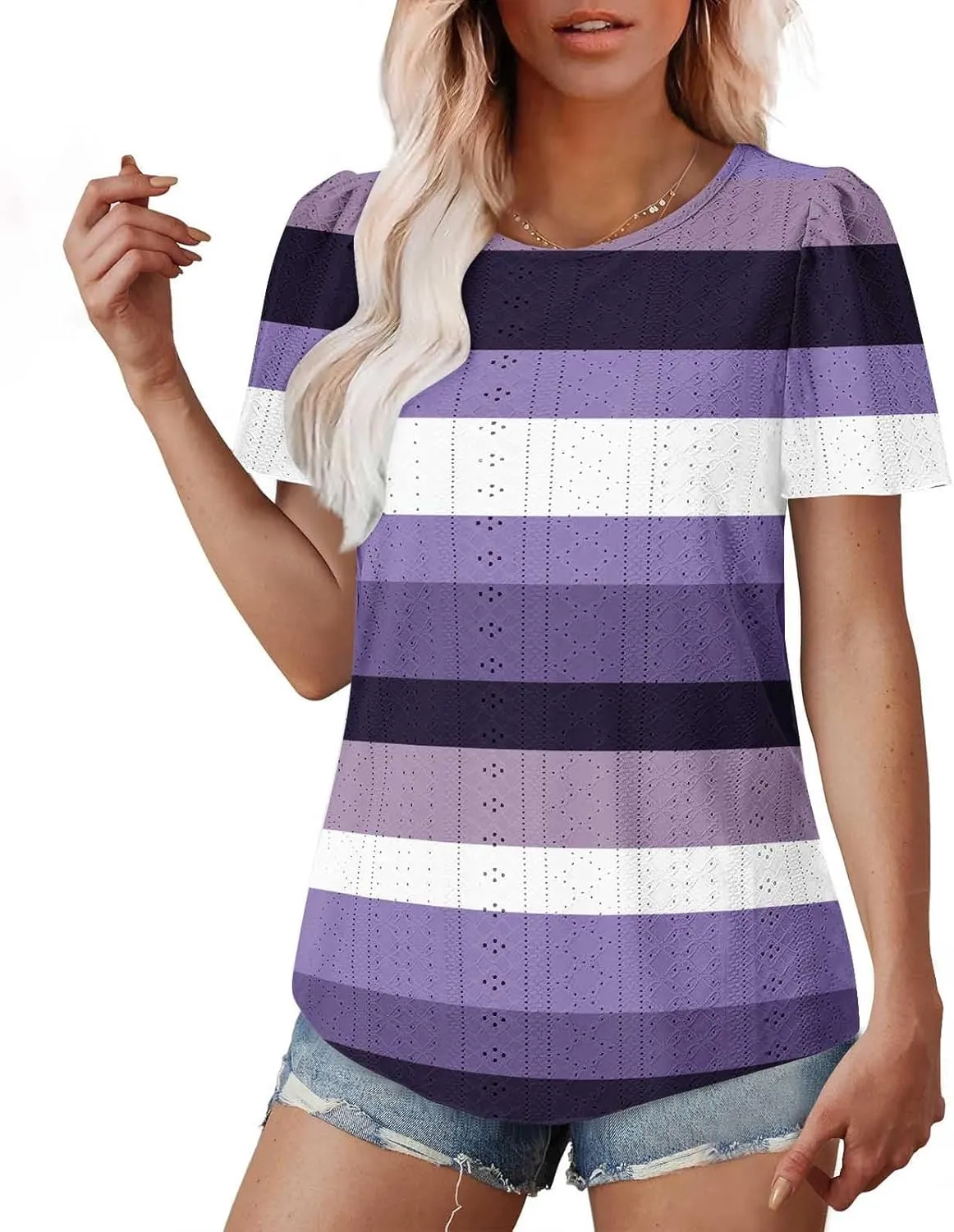 Womens Tops Eyelet Embroidery Striped Print Trendy Shirts Crewneck Loose Blouses Summer Casual Tunics Tees