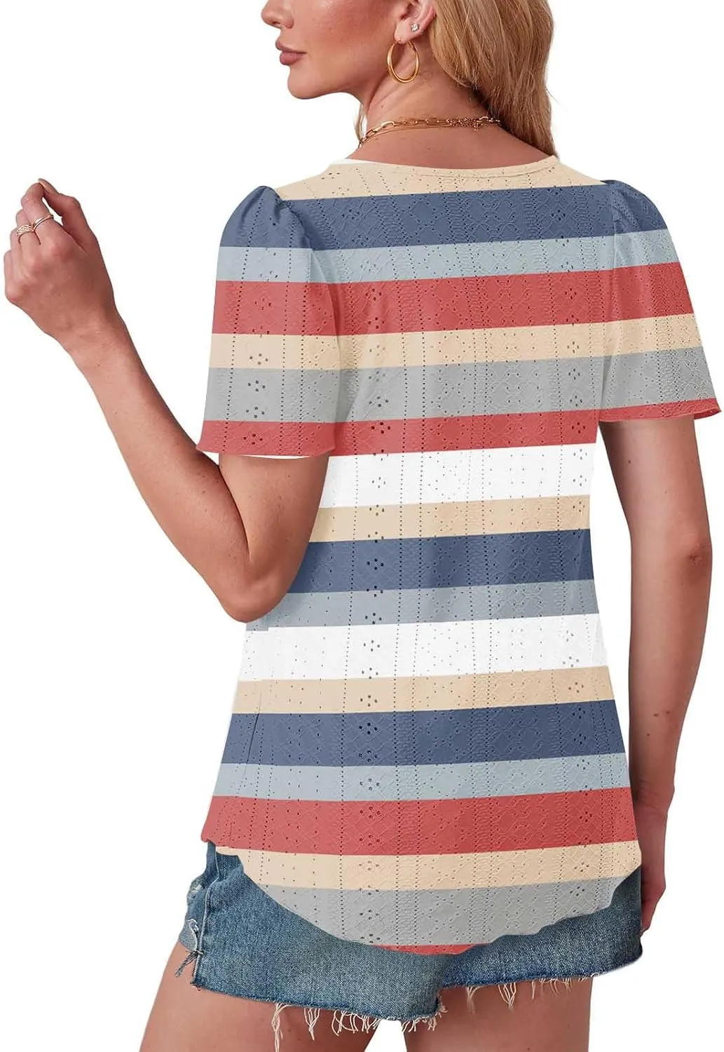 Womens Tops Eyelet Embroidery Striped Print Trendy Shirts Crewneck Loose Blouses Summer Casual Tunics Tees