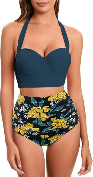 Womens Vintage Polka Underwire High Waisted Swimsuit Flattering Two Piece Swimsuits Floral Bikini Sets Retro Bathing Suits