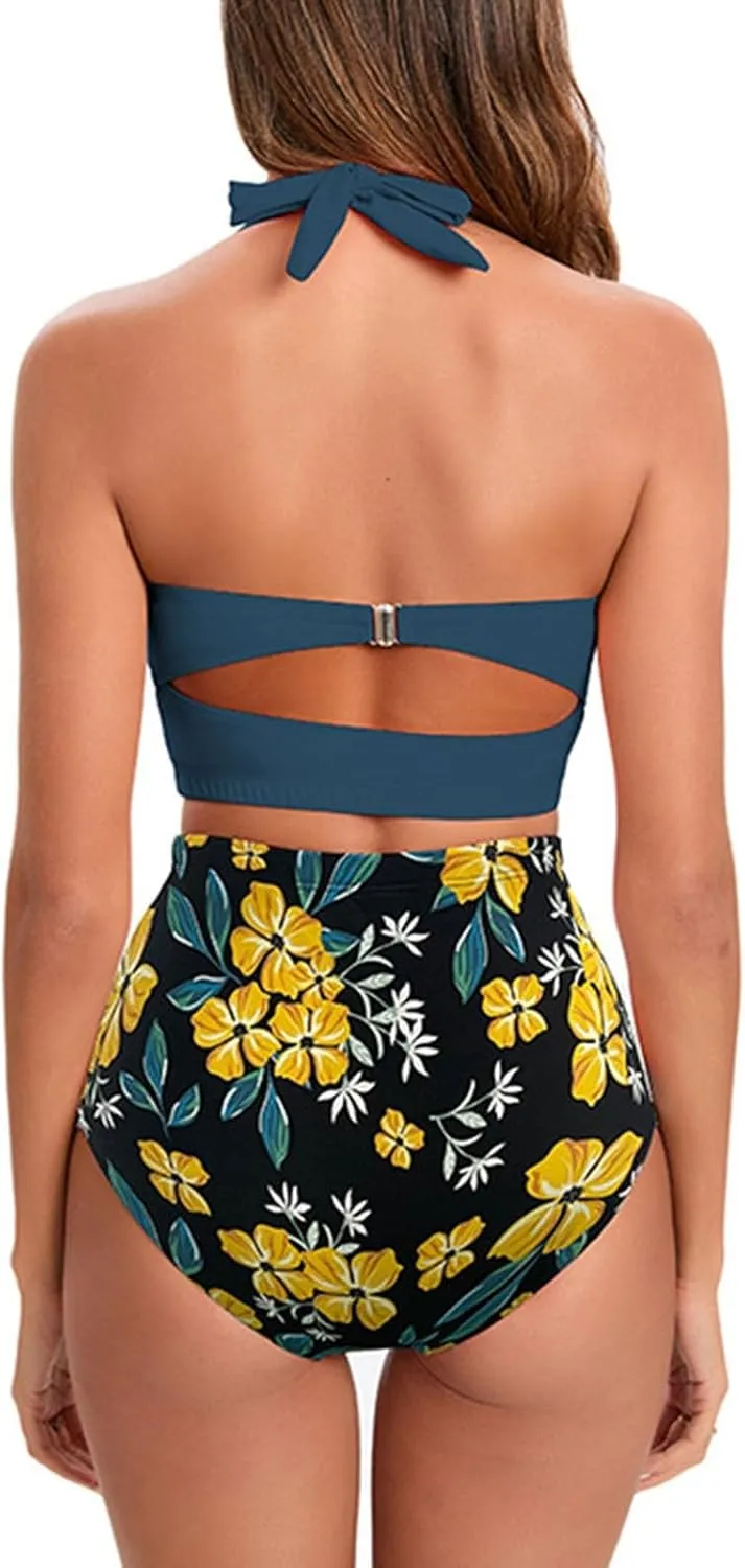 Womens Vintage Polka Underwire High Waisted Swimsuit Flattering Two Piece Swimsuits Floral Bikini Sets Retro Bathing Suits