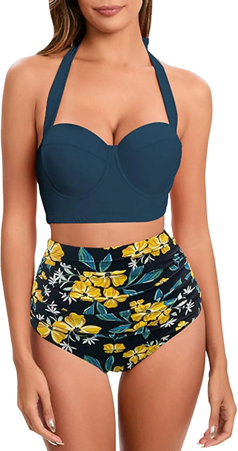 Womens Vintage Polka Underwire High Waisted Swimsuit Flattering Two Piece Swimsuits Floral Bikini Sets Retro Bathing Suits