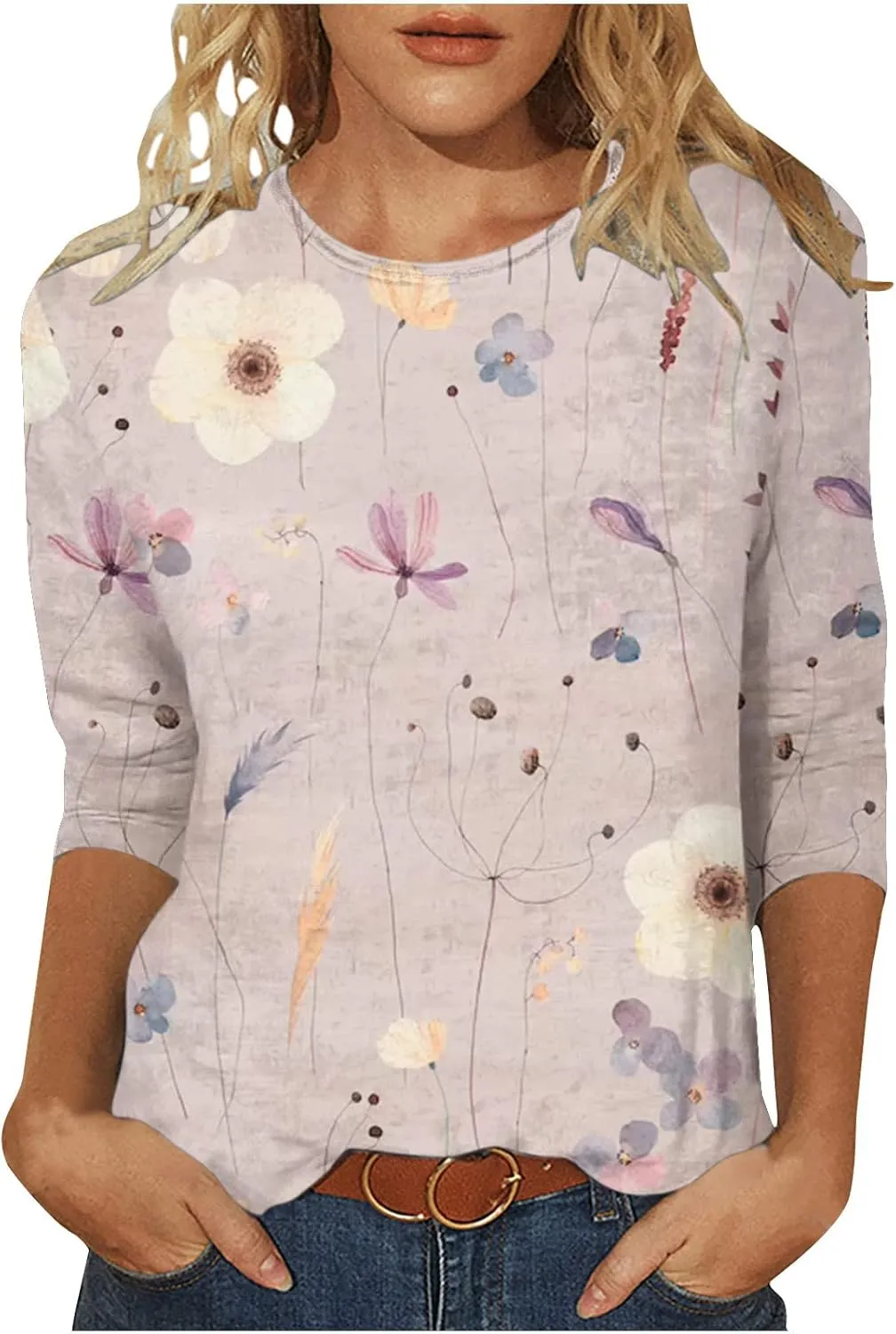 Womens Vintage Print Summer Blouses Elbow Length Casual Tops 3/4 Sleeve Tshirts Shirts Loose Fit Ladies Clothing 2024