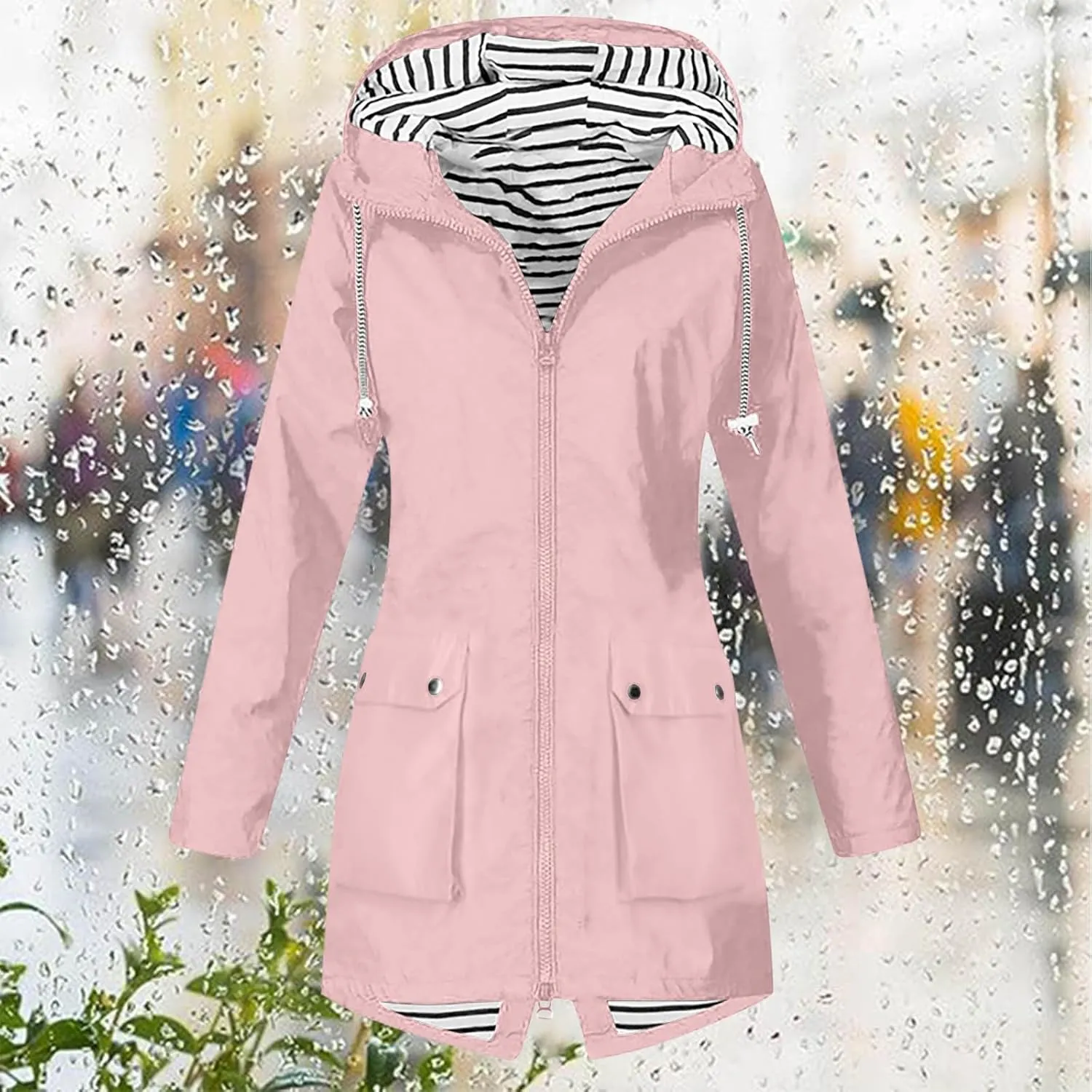 Womens Waterproof Lightweight Jackets Solid Color Rain Coat Hiking Hooded Outerwear Plus Size Softshell Jacket