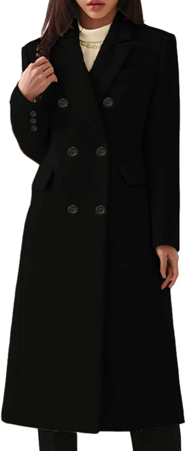 Women's Wool Pea Coat Double Breasted Trench Coat Winter Lapel Long Jacket Overcoat with Pockets Fall Fashion for Women