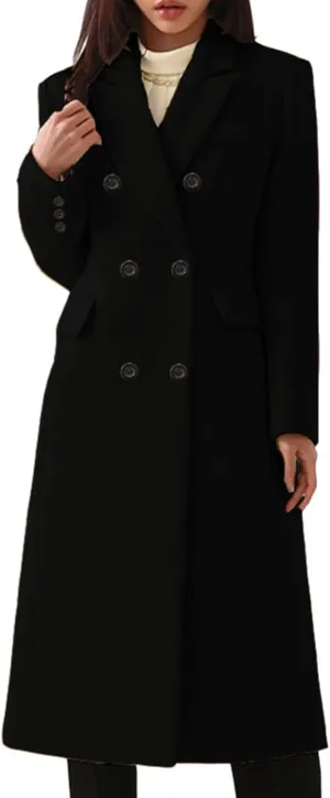 Women's Wool Pea Coat Double Breasted Trench Coat Winter Lapel Long Jacket Overcoat with Pockets Fall Fashion for Women