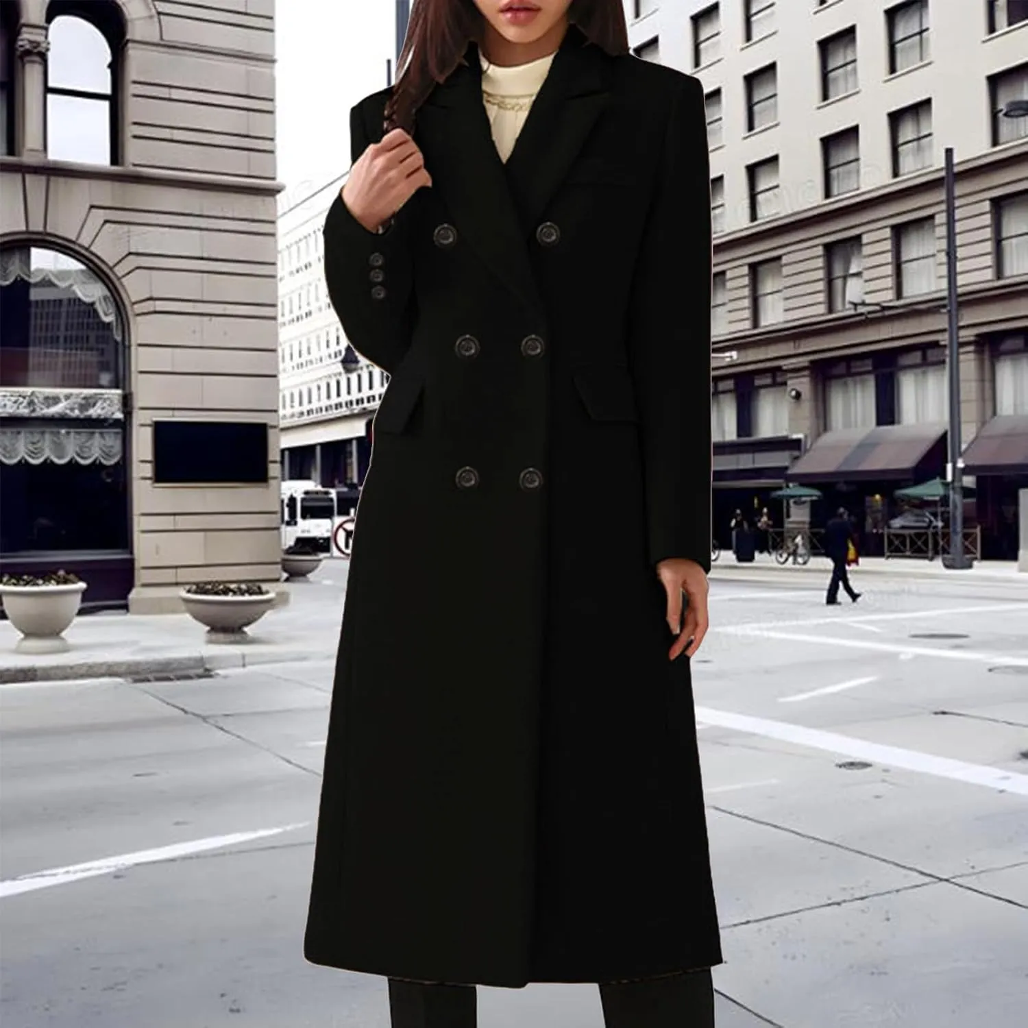 Women's Wool Pea Coat Double Breasted Trench Coat Winter Lapel Long Jacket Overcoat with Pockets Fall Fashion for Women