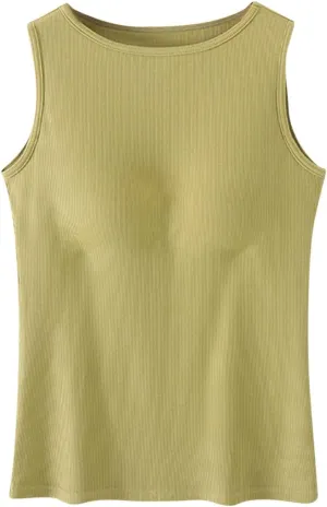 Womne Ribbed Tank Top with Built in Bra Sleevless Slim Fitted Push Up Padded Bra Tanks Shirt Teen Girls Basic Tee