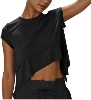 Workout Cropped Tops for Women Flowy Athletic Tops Oversized Loose Fit Running Yoga Quick Dry Soft Crewneck Tees