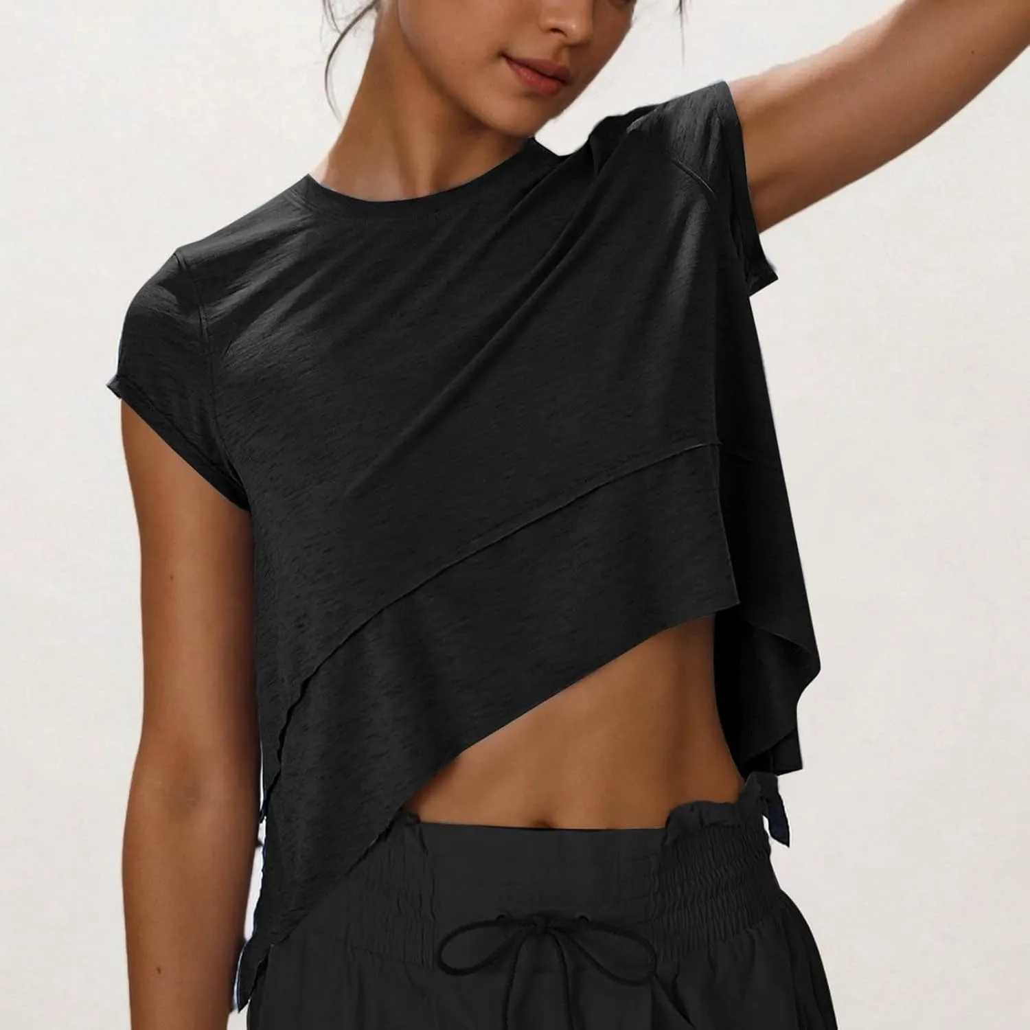 Workout Cropped Tops for Women Flowy Athletic Tops Oversized Loose Fit Running Yoga Quick Dry Soft Crewneck Tees