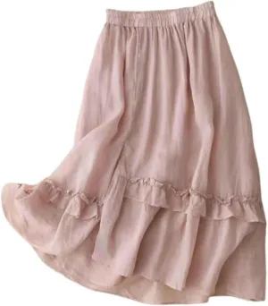 Xiaojmake Cotton Linen Skirt for Women Elastic Waisted Ruffle Tiered Midi Skirts Summer Solid Color Vacation Flowy Boho Skirt