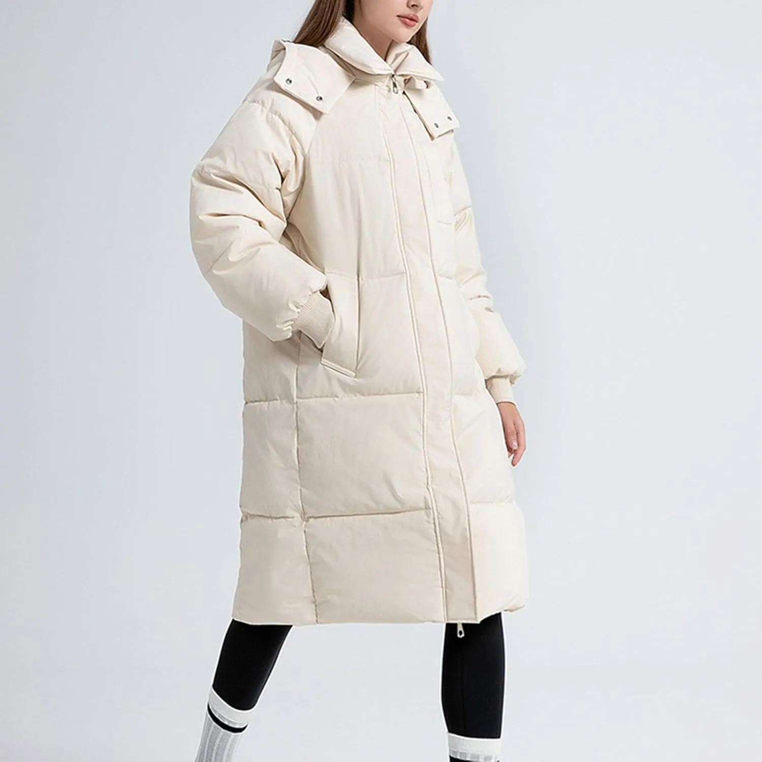 XUNRYAN Winter Coat Women Fashion Thicken Warm Down Coat Quilted Puffer Jackets Mid Long Parka Hooded Anorak Overcoat Outwear