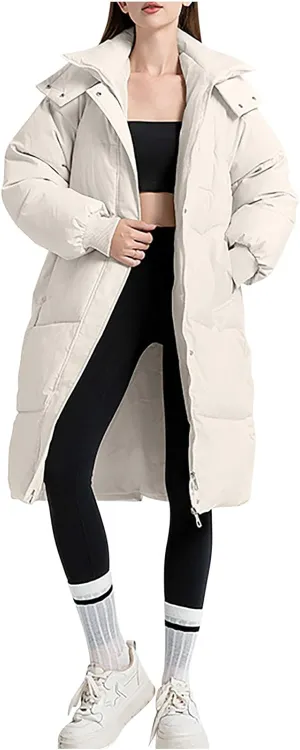 XUNRYAN Winter Coat Women Fashion Thicken Warm Down Coat Quilted Puffer Jackets Mid Long Parka Hooded Anorak Overcoat Outwear