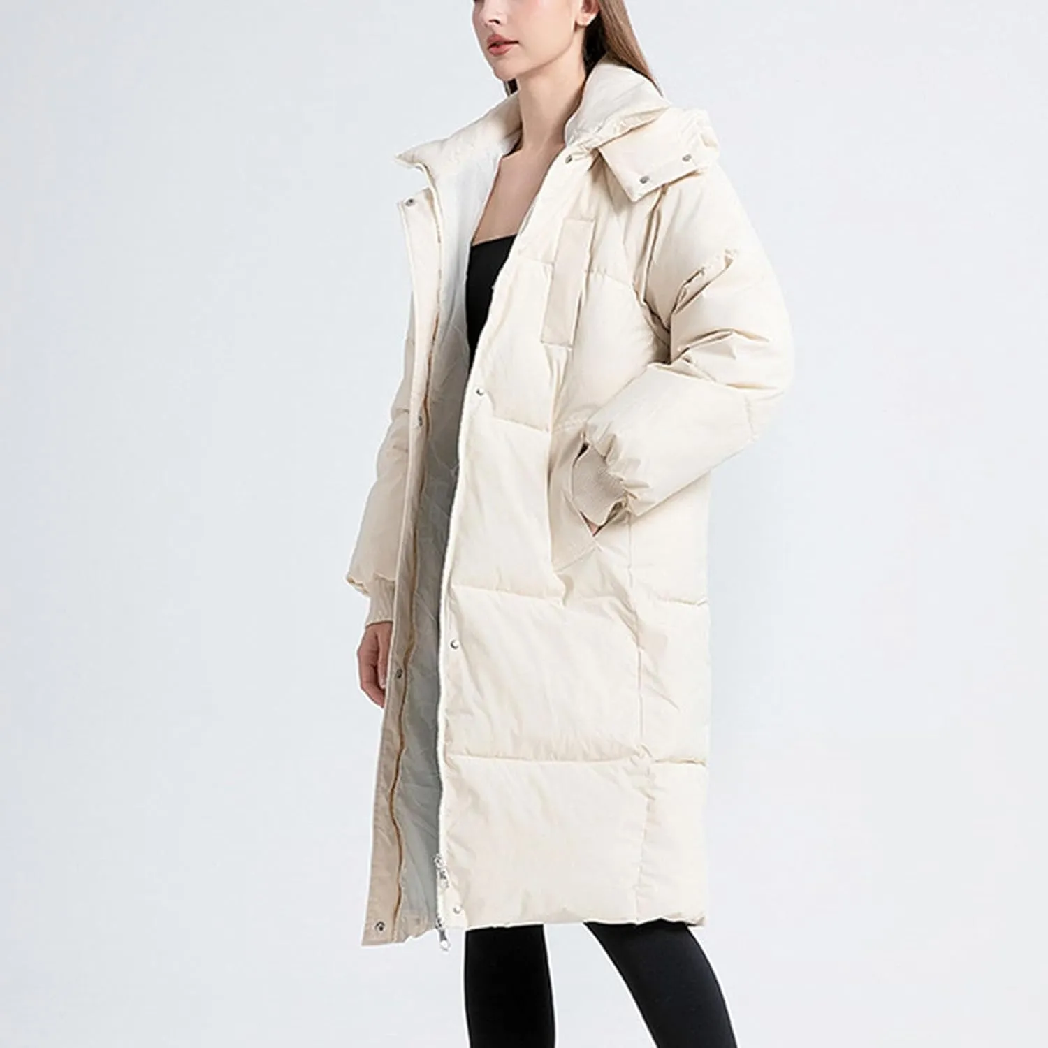 XUNRYAN Winter Coat Women Fashion Thicken Warm Down Coat Quilted Puffer Jackets Mid Long Parka Hooded Anorak Overcoat Outwear