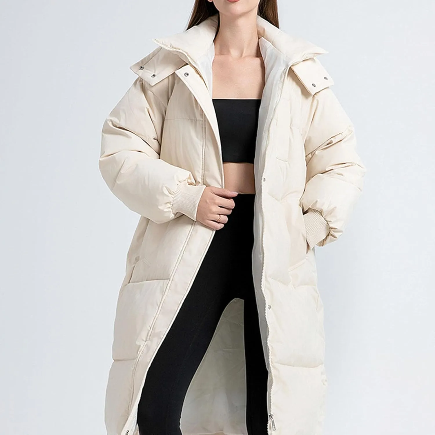 XUNRYAN Winter Coat Women Fashion Thicken Warm Down Coat Quilted Puffer Jackets Mid Long Parka Hooded Anorak Overcoat Outwear