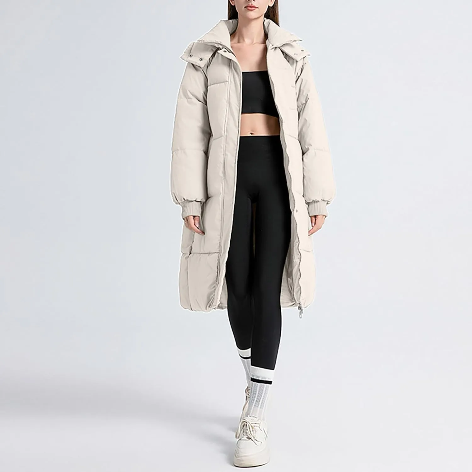 XUNRYAN Winter Coat Women Fashion Thicken Warm Down Coat Quilted Puffer Jackets Mid Long Parka Hooded Anorak Overcoat Outwear
