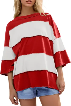 Ythomm Womens Color Block Striped Oversized Short Sleeve T-Shirts Crewneck Drop Shoulder Basic Tees Loose Casual Y2k Tops