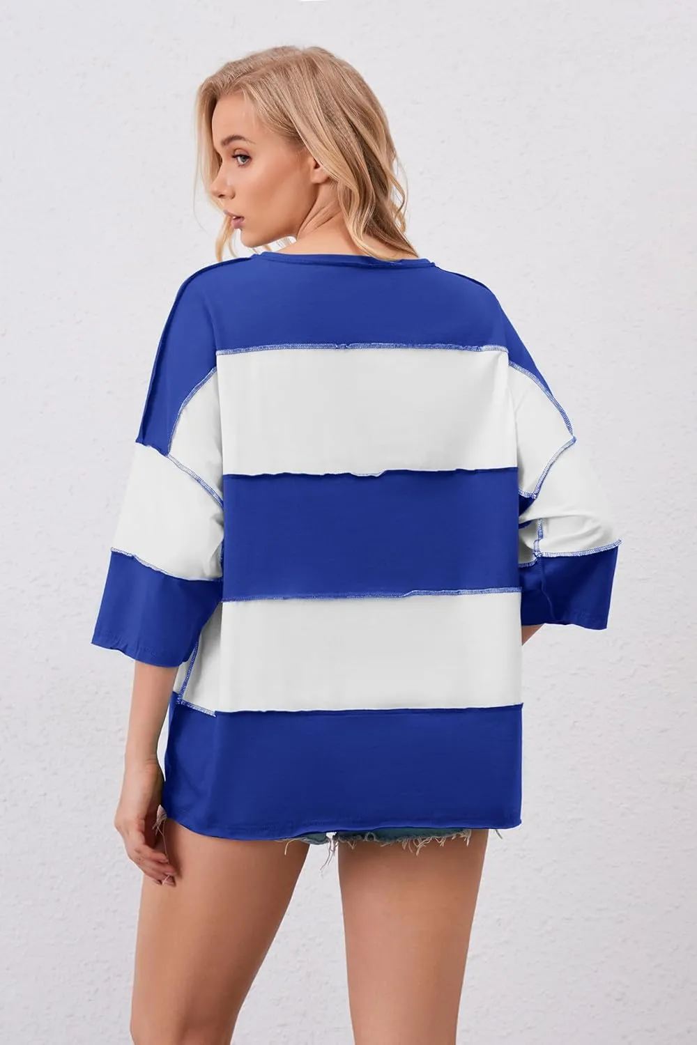 Ythomm Womens Color Block Striped Oversized Short Sleeve T-Shirts Crewneck Drop Shoulder Basic Tees Loose Casual Y2k Tops
