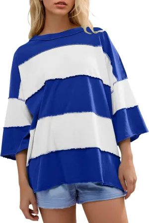Ythomm Womens Color Block Striped Oversized Short Sleeve T-Shirts Crewneck Drop Shoulder Basic Tees Loose Casual Y2k Tops