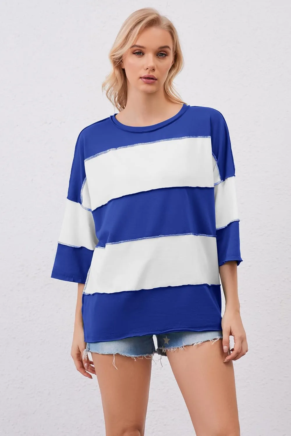 Ythomm Womens Color Block Striped Oversized Short Sleeve T-Shirts Crewneck Drop Shoulder Basic Tees Loose Casual Y2k Tops