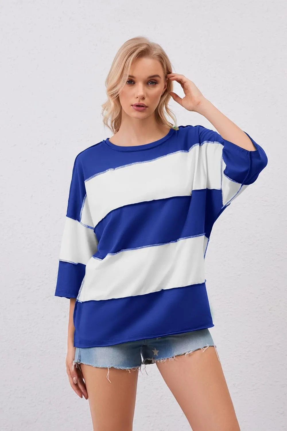 Ythomm Womens Color Block Striped Oversized Short Sleeve T-Shirts Crewneck Drop Shoulder Basic Tees Loose Casual Y2k Tops