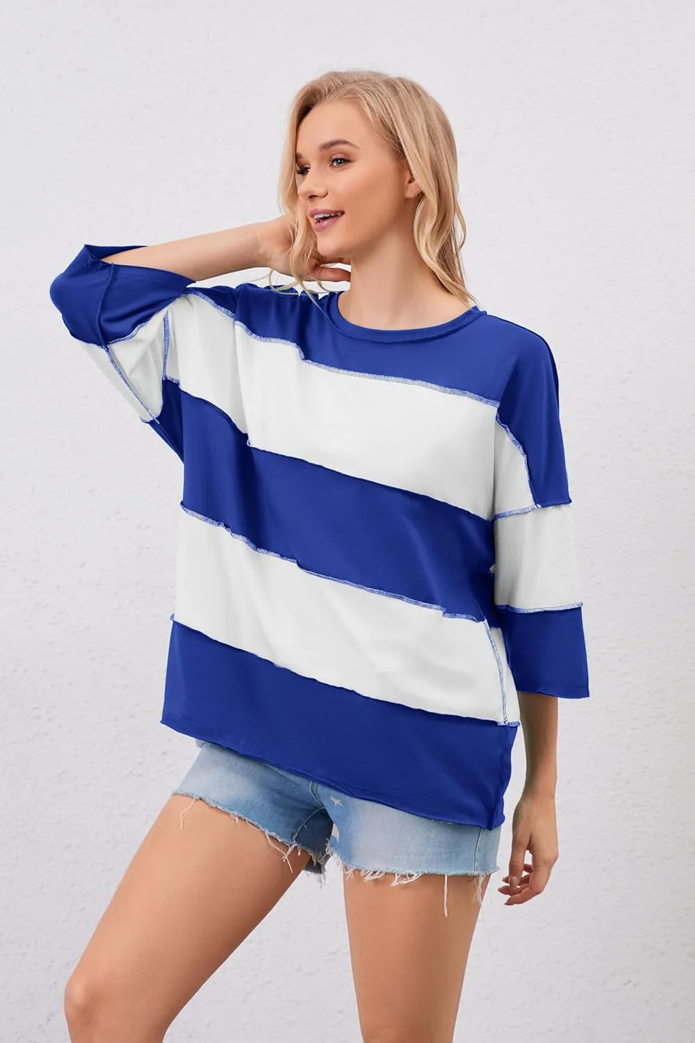 Ythomm Womens Color Block Striped Oversized Short Sleeve T-Shirts Crewneck Drop Shoulder Basic Tees Loose Casual Y2k Tops