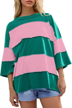 Ythomm Womens Color Block Striped Oversized Short Sleeve T-Shirts Crewneck Drop Shoulder Basic Tees Loose Casual Y2k Tops