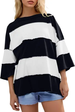 Ythomm Womens Color Block Striped Oversized Short Sleeve T-Shirts Crewneck Drop Shoulder Basic Tees Loose Casual Y2k Tops