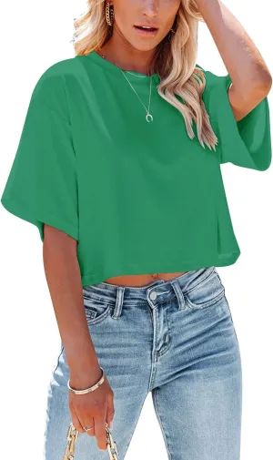 Yuccalley Women's Summer Crop Tops Short Sleeve Round Neck T-Shirt Basic Tees