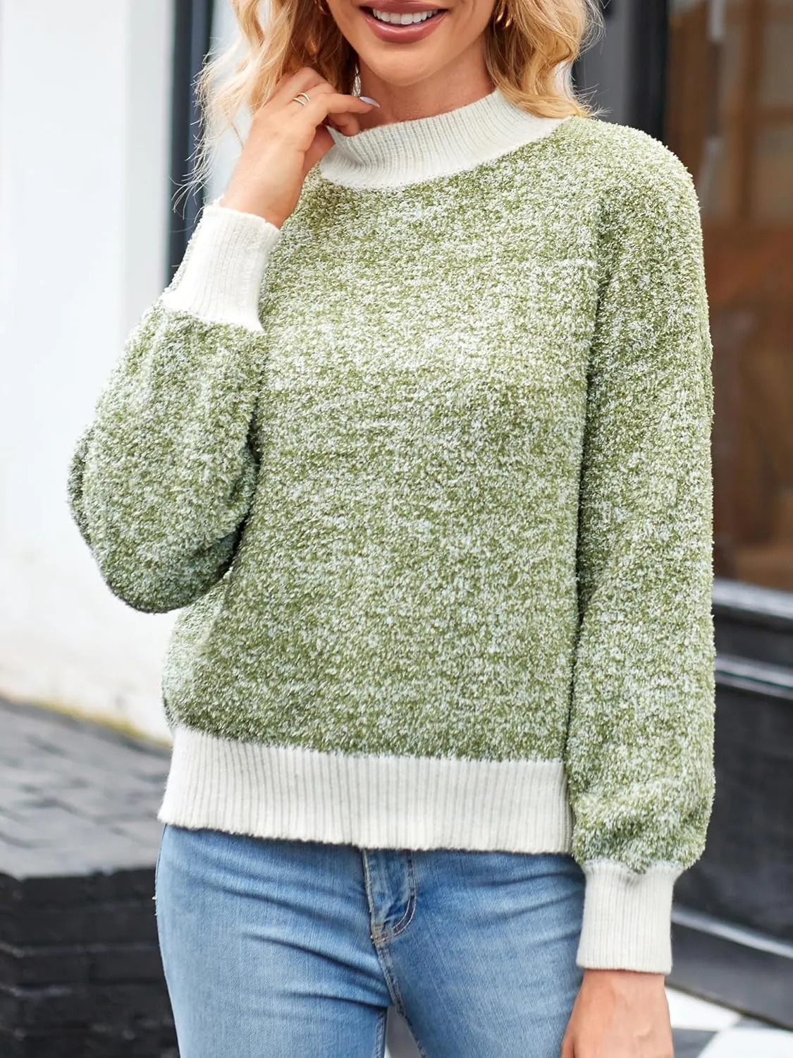 ZAFUL Fall Sweaters for Women 2023 Turtleneck Fuzzy Chunky Knit Mock Neck Sweater Casual Long Sleeve Soft Loose Knitted Tops