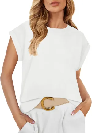 ZESICA Womens Summer Cap Sleeve Crewneck Tops Casual Loose Striped T-Shirts Basic Tees