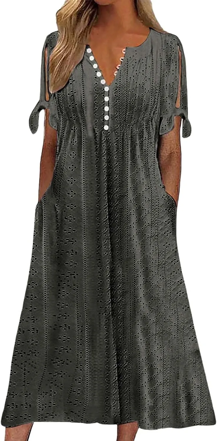 ZYXTIM Womens Eyelet Dress V Neck Short Sleeve Hollow Out Summer Beach Vacation Dresses Swing A Line Vintage Long Dresses