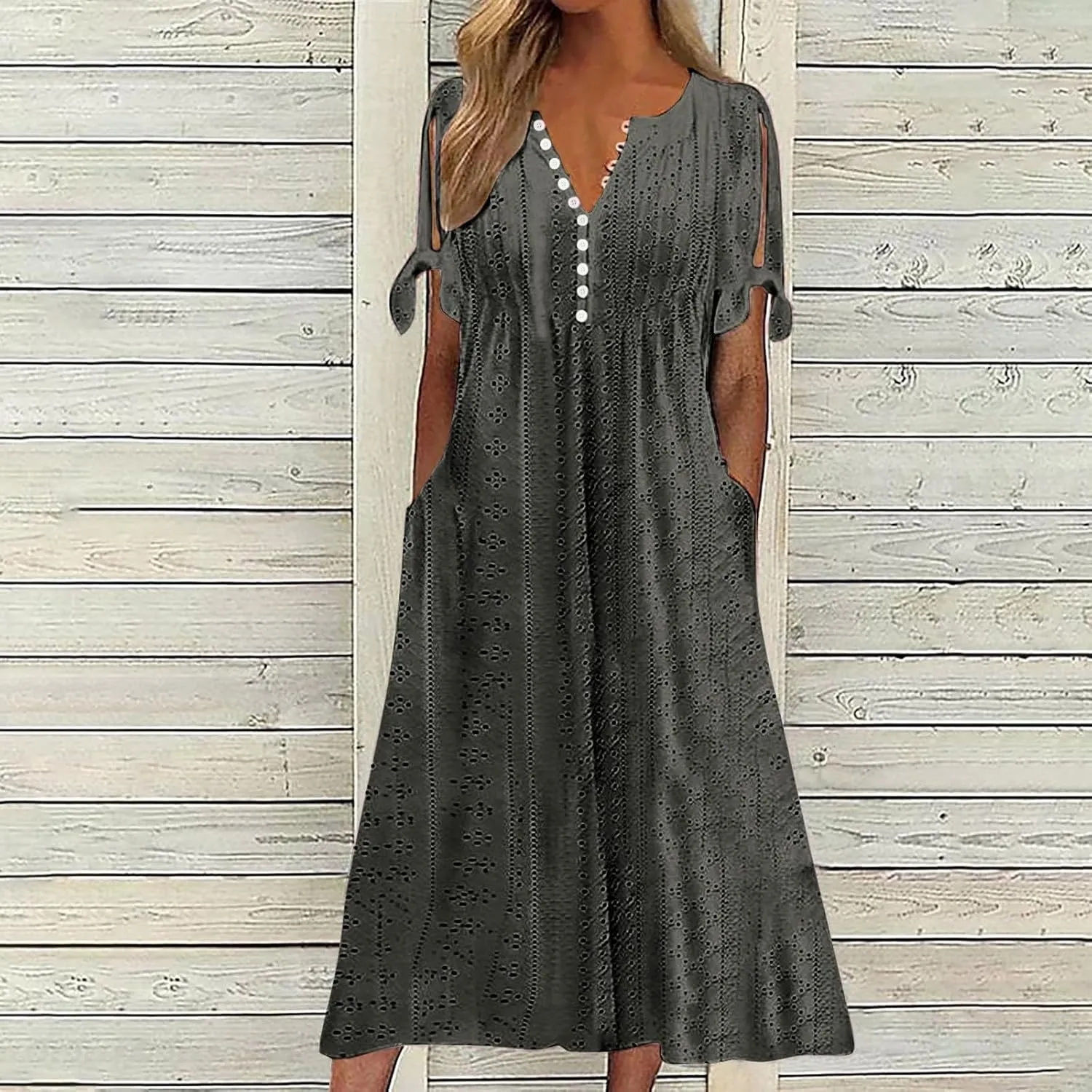 ZYXTIM Womens Eyelet Dress V Neck Short Sleeve Hollow Out Summer Beach Vacation Dresses Swing A Line Vintage Long Dresses