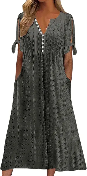 ZYXTIM Womens Eyelet Dress V Neck Short Sleeve Hollow Out Summer Beach Vacation Dresses Swing A Line Vintage Long Dresses