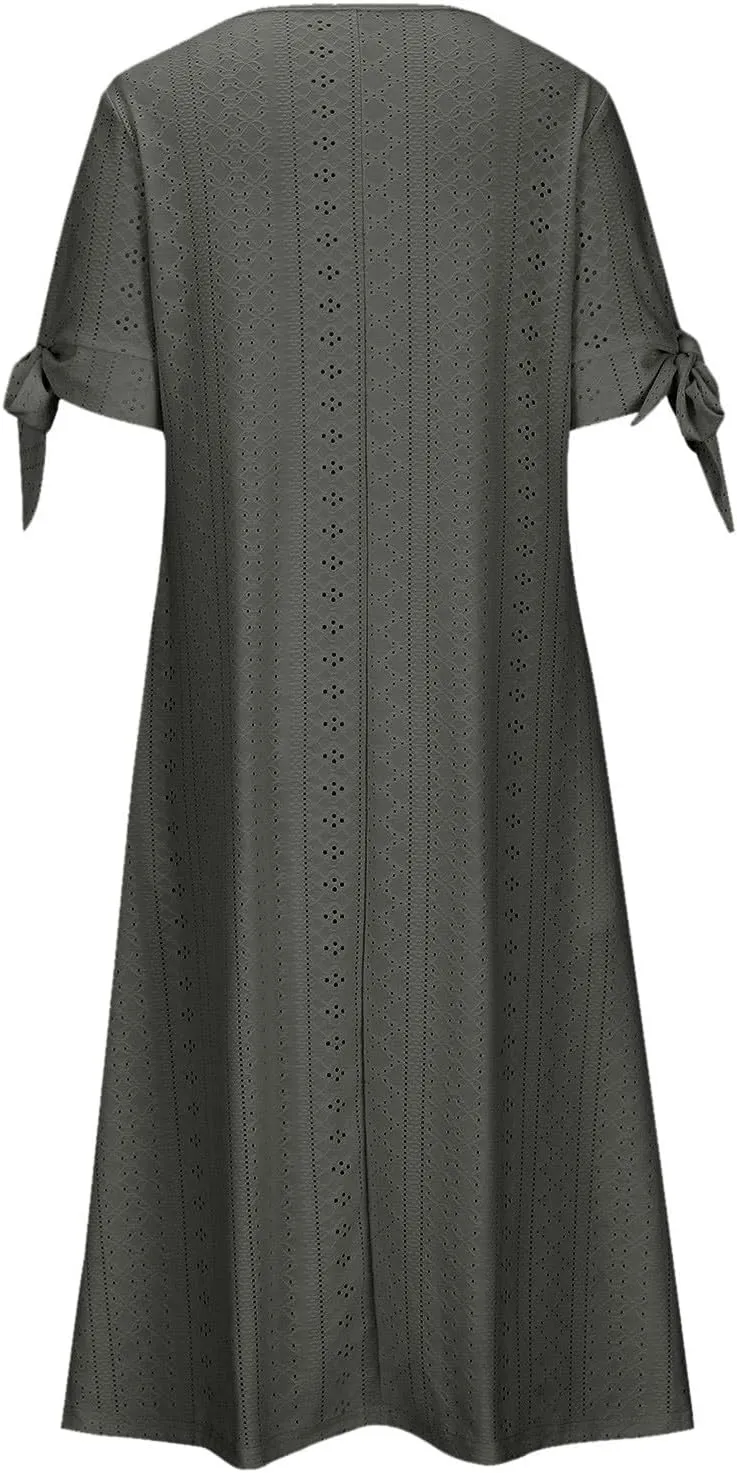 ZYXTIM Womens Eyelet Dress V Neck Short Sleeve Hollow Out Summer Beach Vacation Dresses Swing A Line Vintage Long Dresses